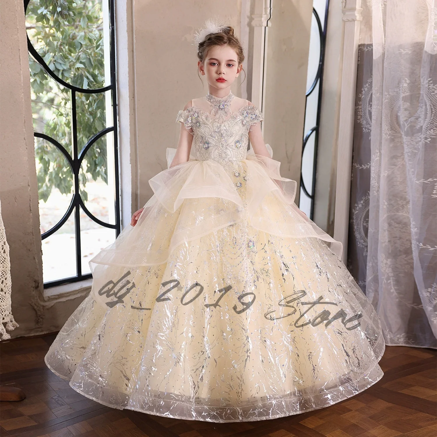 Luxury High Neck Flower Girl Dress Heavy Sequin Glitter Tulle Long Princess Gown For Wedding Piano Pageant Birthday Party