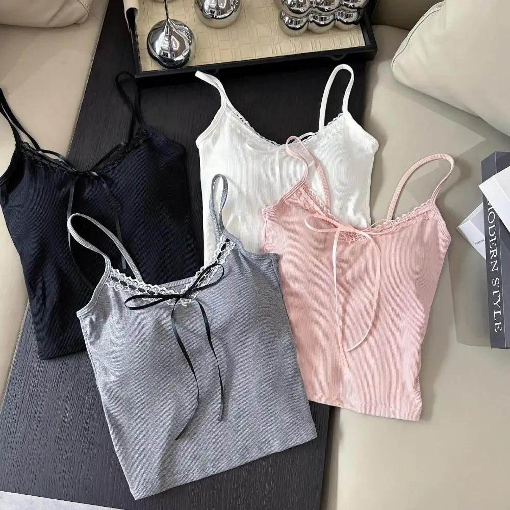 Bottoming Shirt Solid Color Lace Crop Top Waist-cinching Lace Strap Y2k Vest Top Sexy Lace Padded Camisole with Pads Girl's Wear