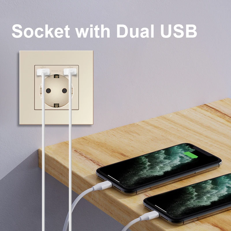 EU Standard Electrical Socket with USB Charging 5V 2A, Flame Retardant PC Panel 86*86mm Usb Wall Socket