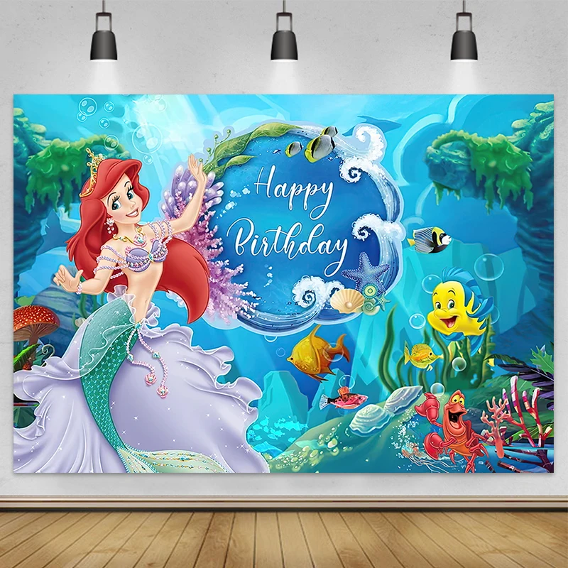 Disney Mermaid Background Baby Girl Birthday Party Decoration Supplies Baby Shower Undersea Photo Poster Photo Studio