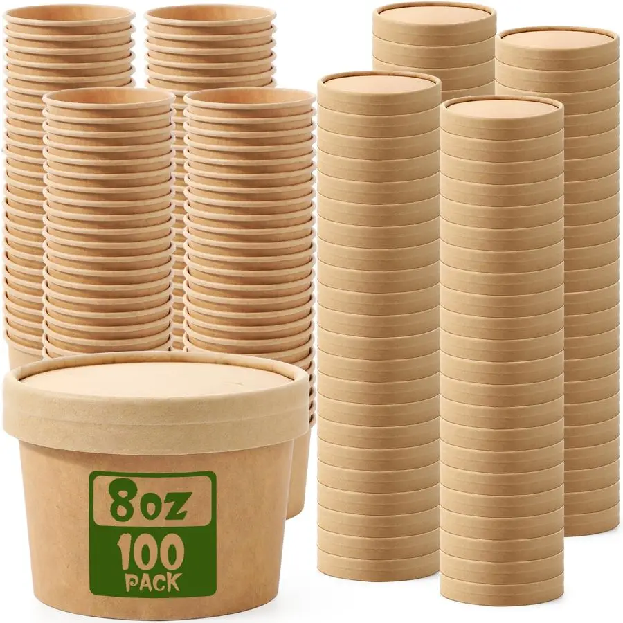 

100 Pack Paper Soup Containers with Lids Disposable Paper Food Containers with Vented Lid Kraft Ice Cream Cake Dessert Cups Soup