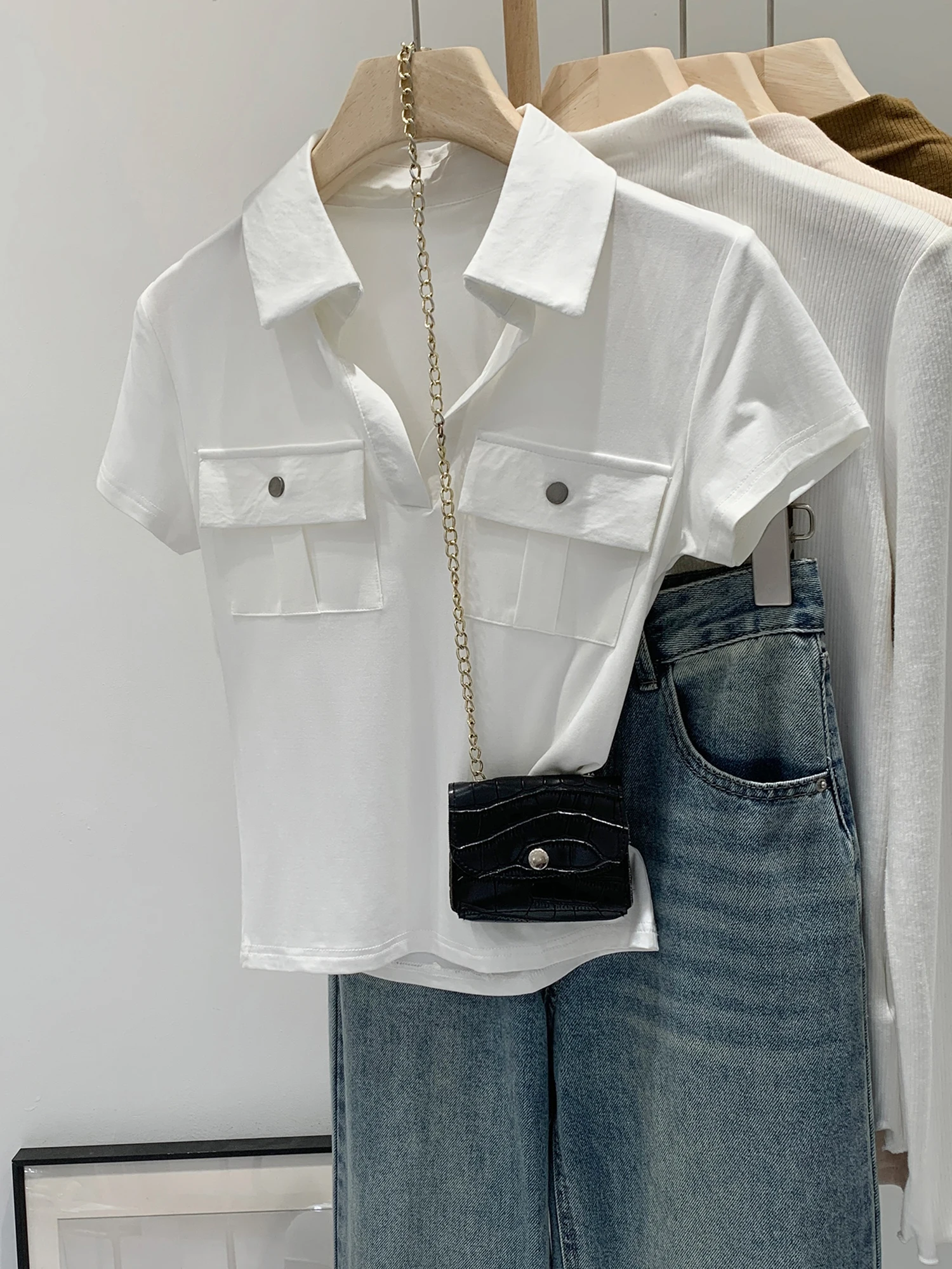 Slim Fit Short Sleeve  Shirt Women's Summer New Style High Intelligence Gentle American Hot Girl Shoulder  T-shirt
