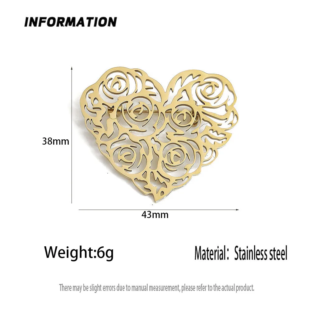 316L Stainless Steel Plated 18K Gold Heart Rose Hollow‑Out Brooch Lapel Pin for Jacket Backpack Unisex Jewelry Gift