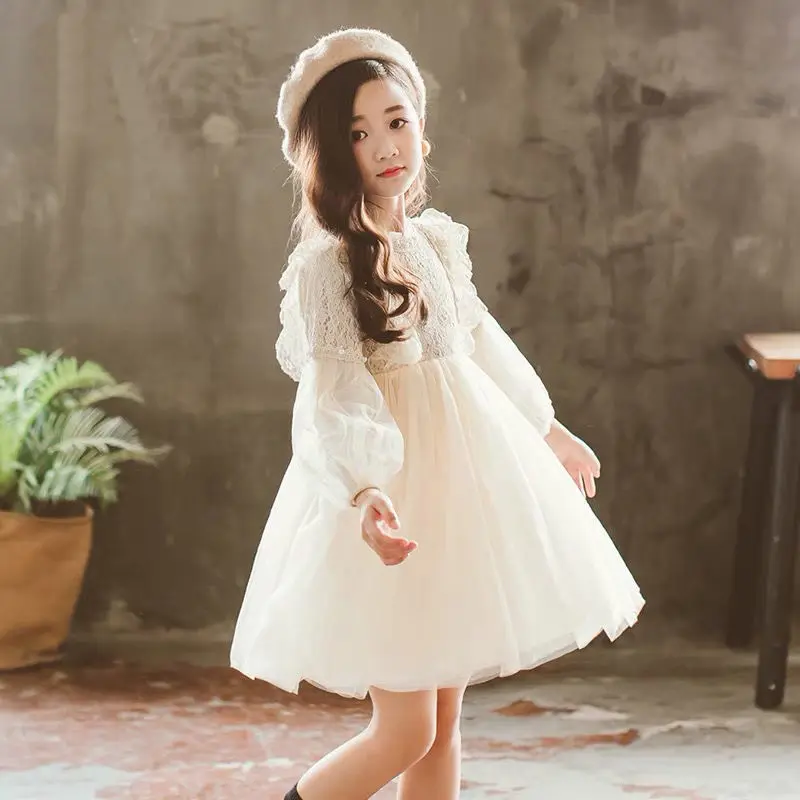 Girls Dresses Lantern Sleeve Lace Princess Skirt Pearl Sweet O-Neck Mesh Party Dress Spring Autumn Children's Clothing Vestidos