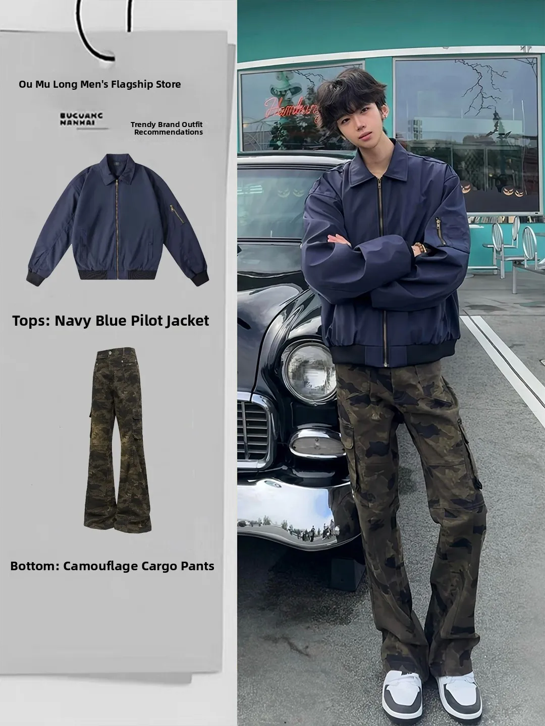 

Cleanfit k Blue Pilot Jaet Men's Autumn Winter American Street Sle OOTD Clete Set Faionable Youth Ensemble