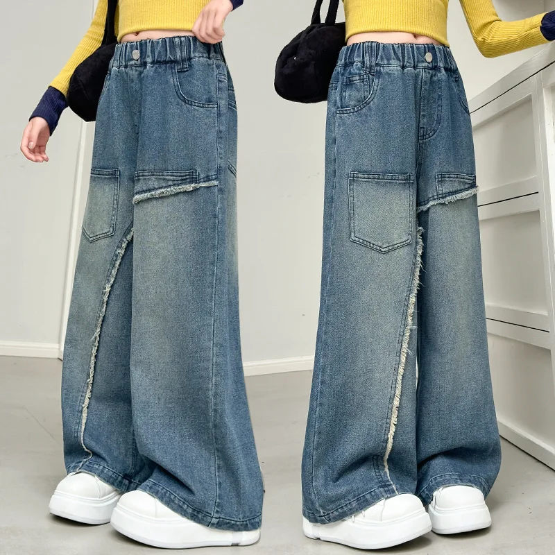 New Stylish Children Asymmetrical Jeans For Hot Girls Fashion Street Blue Denim Pants Elegant Kids Trendy Jeans Trousers 4-14Y