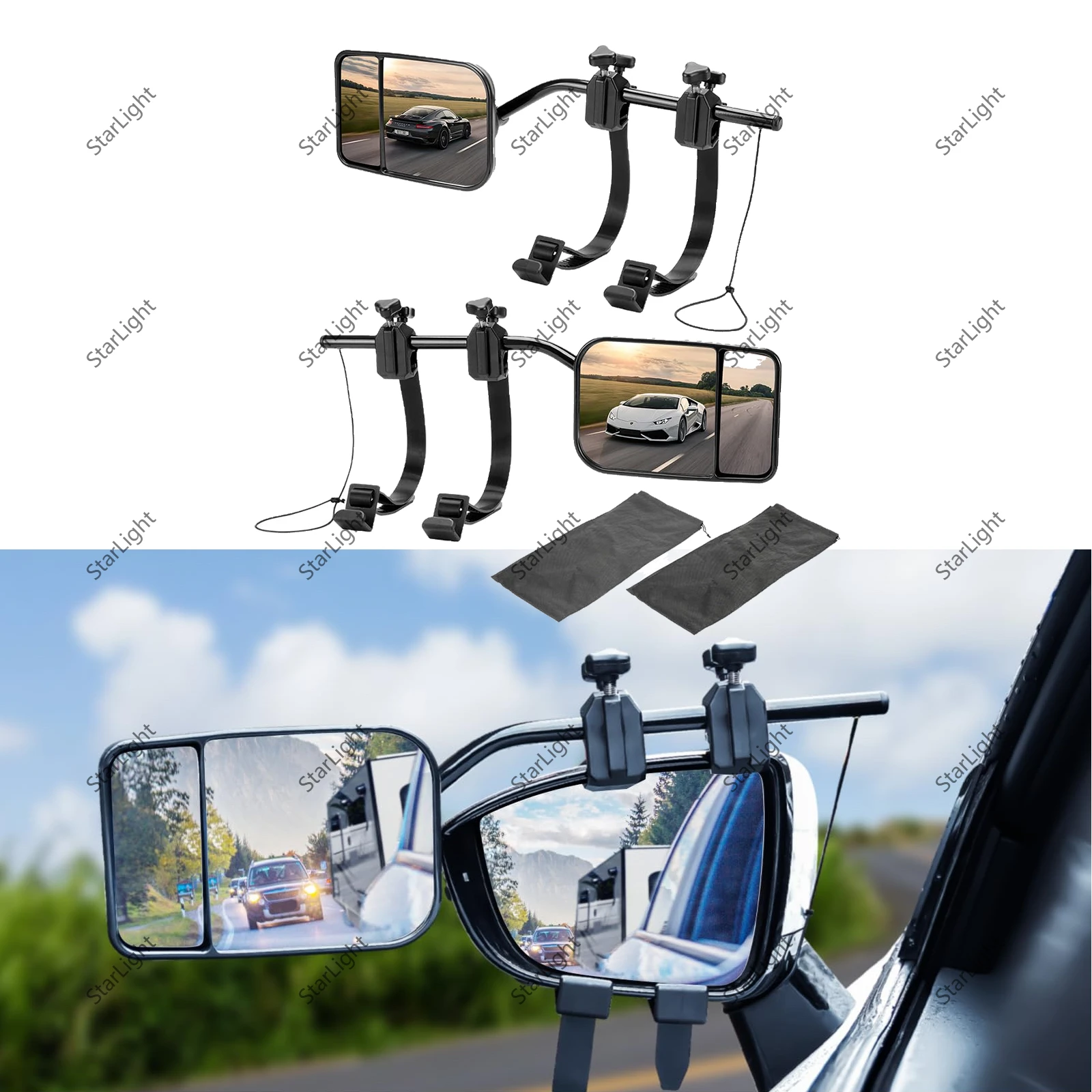 2Pcs Universal Trailer Towing Dual Rearview Mirror Adjustable Tow Mirror Extension Strap Rear View Side Spot Blind Convex Truck