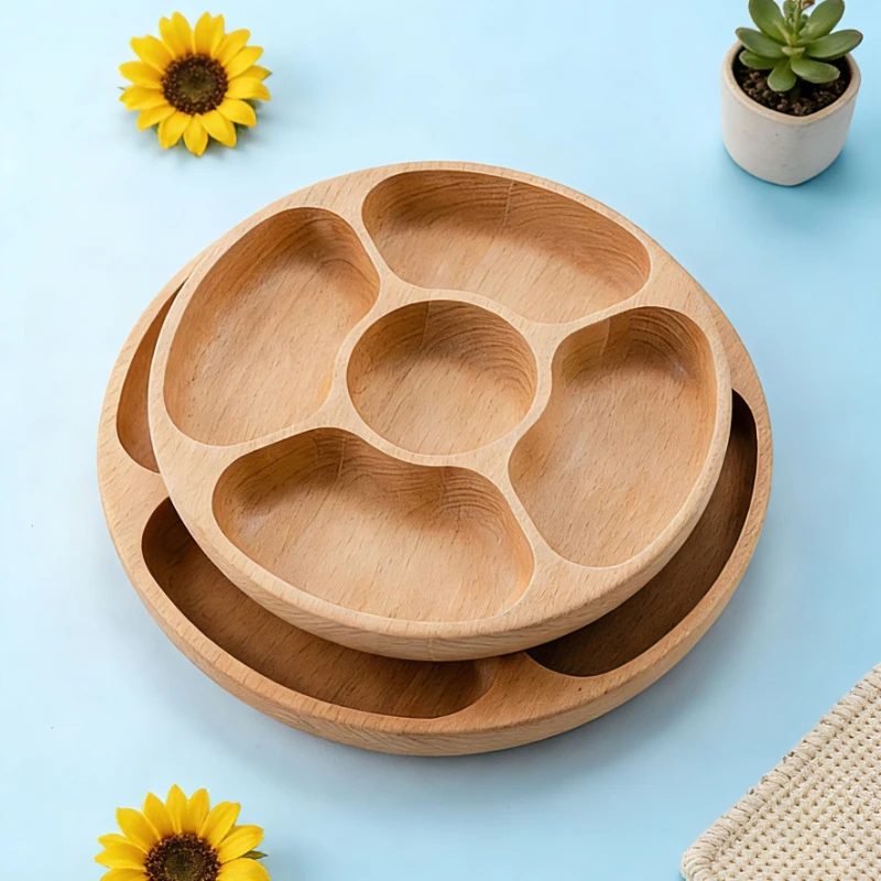 

LMM Thickened Household Acacia Wooden Plate Creative Solid Wood Grid Fruit Plate