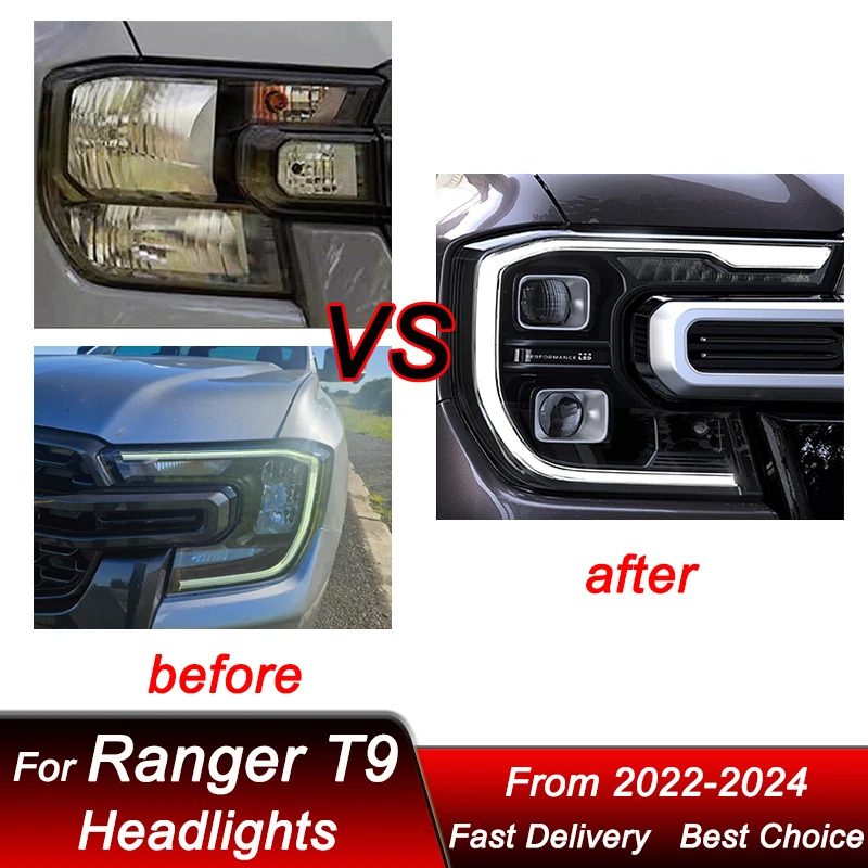 Car styling Headlights For Ford Ranger T9 2022-2024 new style full LED Auto Headlamp Assembly Projector Lens Accessories Kit