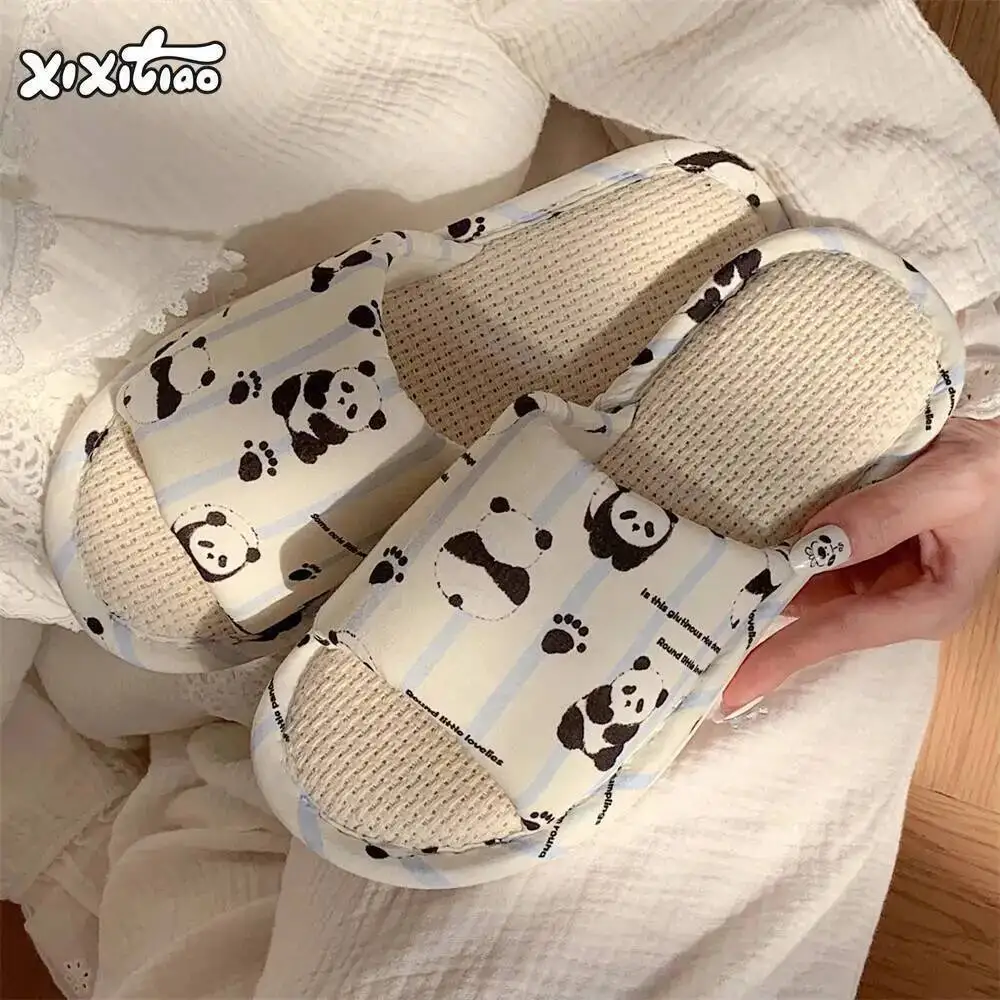 Women's Cartoon Panda Linen Slippers Four Season Versatile Student Home Use Sweat Absorbent Cotton Linen Slippers For Air