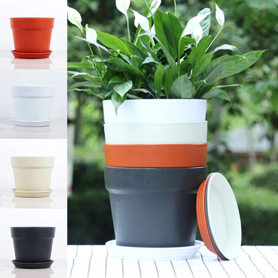 Maceta de plástico blanca con bandeja, cerámica para plantas de 9,5 cm x 9cm, resina roja, agua redonda, contenedor negro Beige, cultivo de jardín