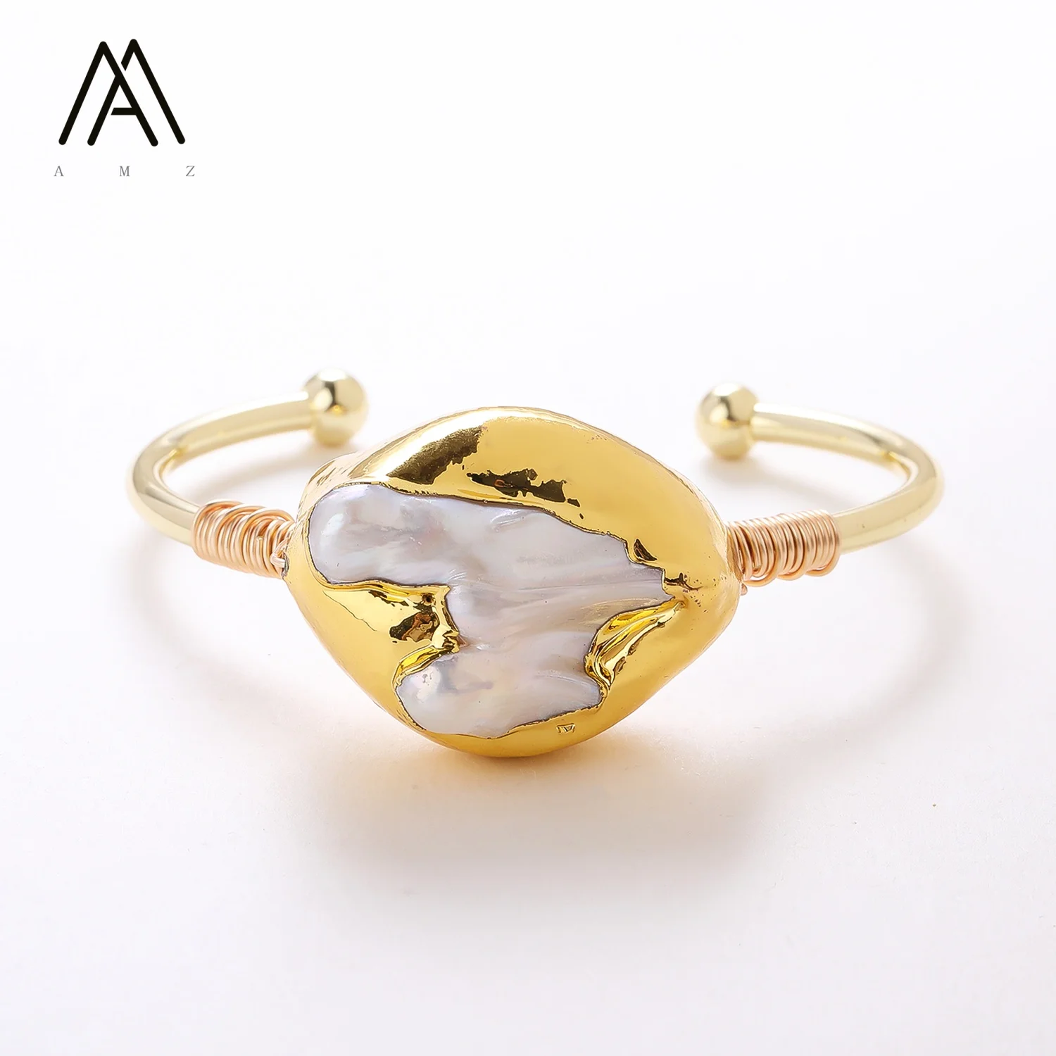 Hand Wire Wrapped Natural Baroque Pearl Cuff Bracelet Freshwater Pearl Open Bangle Women Fashion Luxury 18K Gold Plated Jewelry