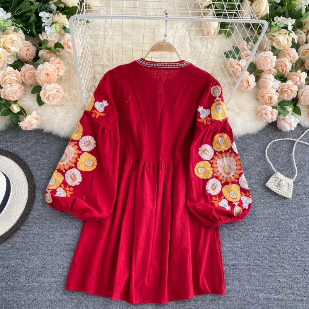 Neploe Women Lovely O Neck Puff Sleeve Print Dress Ethnic Style High Waist Tassels Lace Up Robe Casual Heavy Embroidery Mujer