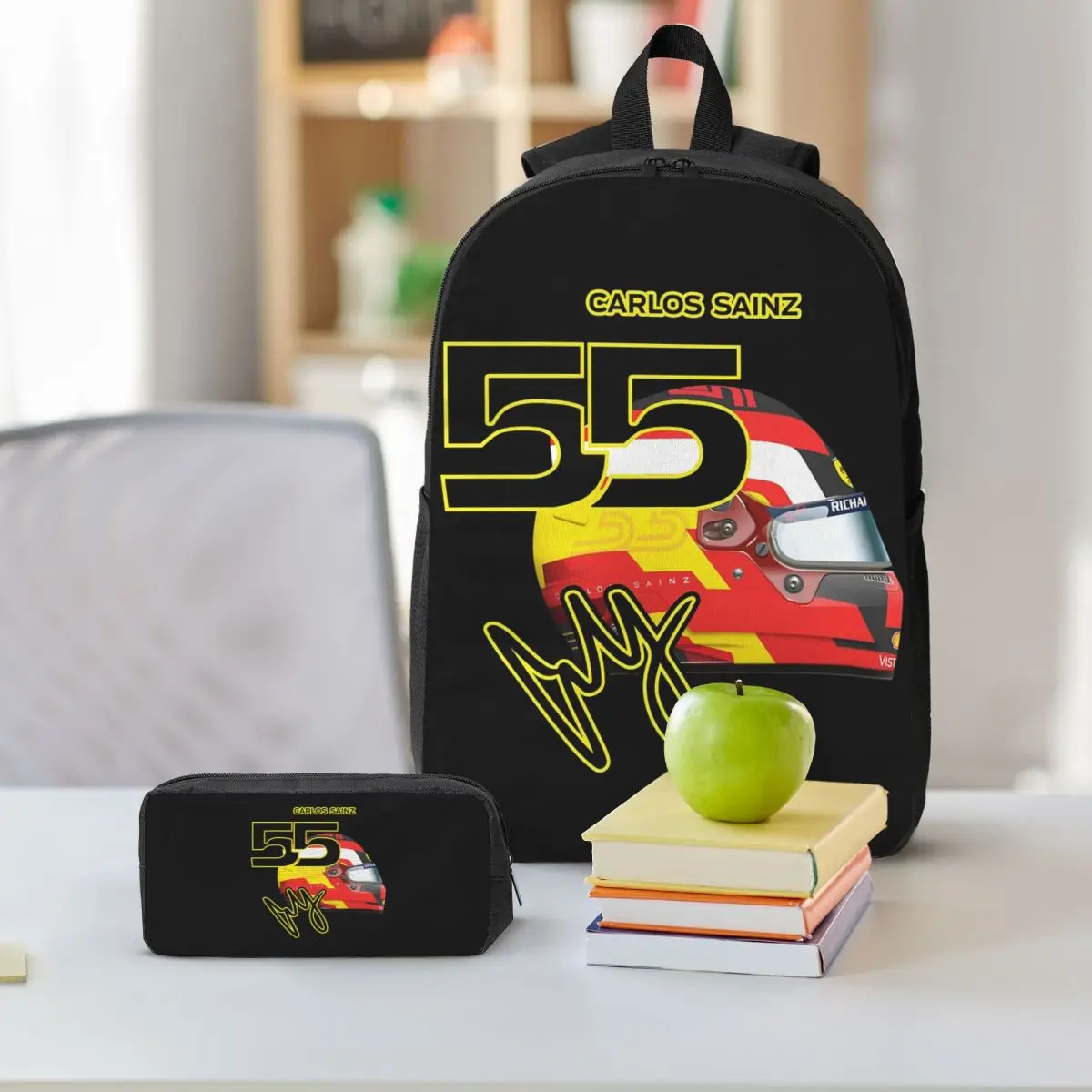كارلوس ساينز جونيور F1 توقيع الرسم الظلام على ظهره طالب بنين بنات BookBag حقيبة مدرسية 3ps معزول حقيبة الغداء مقلمة