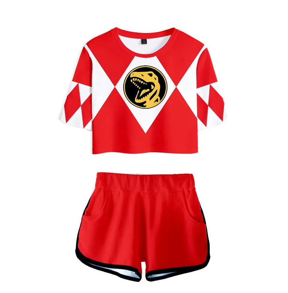 

Hip Hop Comfortable Mighty Morphin 3D Printed Two Piece Set Wo Sexy Shorts+lovely T-shirt Cute Dew navel Sport Girl suits