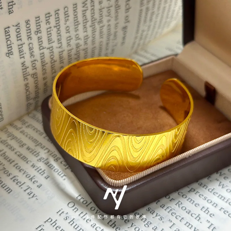 Cynlo Jewelry Luxury 24K 9999 Pure Gold real gold Women's Ins Style Popular Geometric Ripple Opening Bracelet