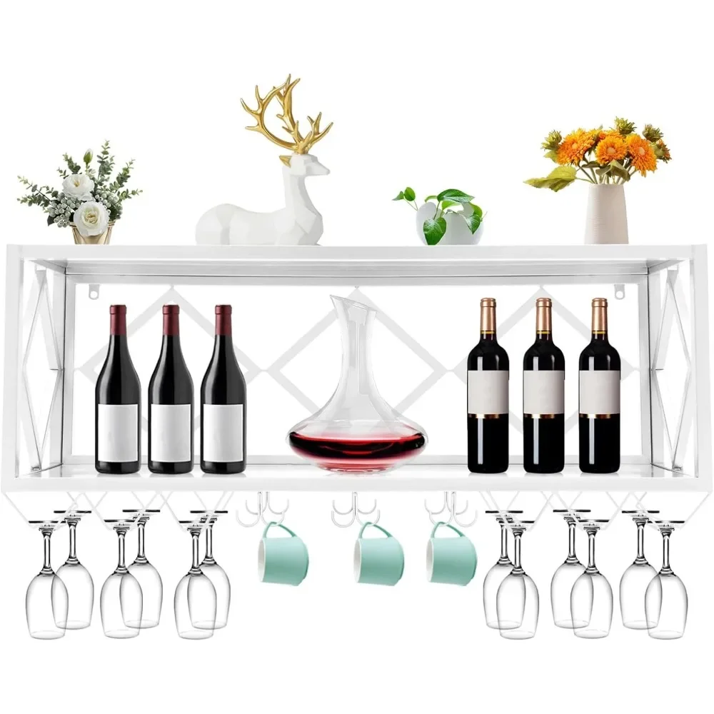 

Wall Mounted Wine Rack Bottle & Glass Holder Multifunctional Iron Wine Bottle Glass Floating Shelves with Partitions Plants Phot