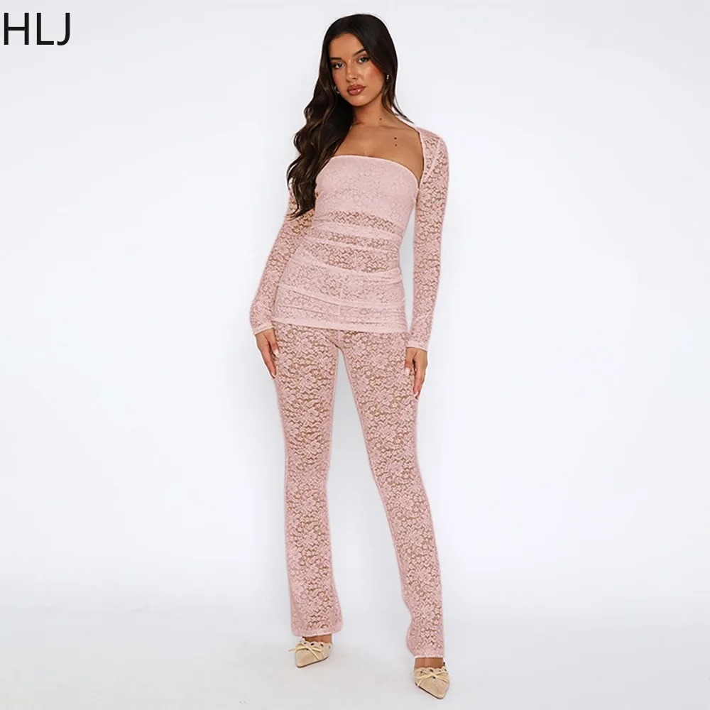 HLJ Sexy Lace Perspective Tube+Long Sleeve Crop Top+Skinny Pants 3 Piece Sets Fashion Solid Color Matching Party Club Clothing