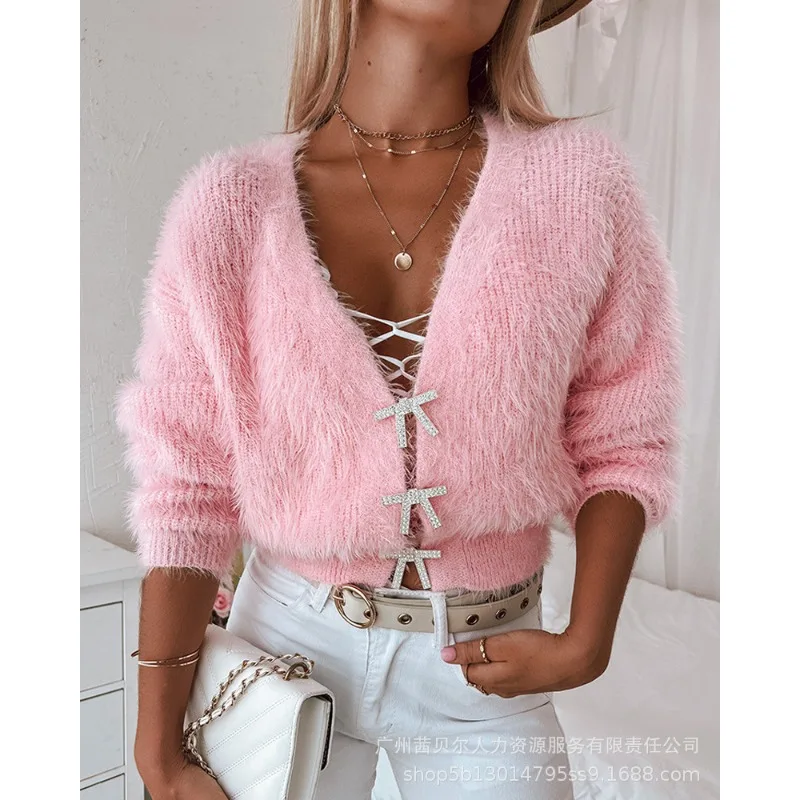 Knitted Cardigan for Women Solid Color Y2K Bow Drill Buckle Sweater Cardigan Long Sleeve Mink Short Knitted Cardigan