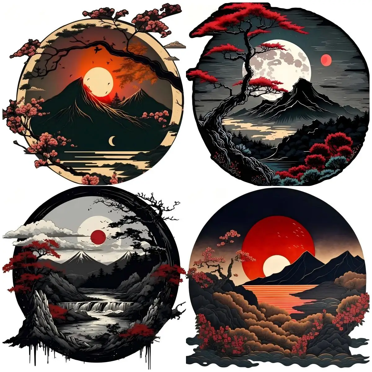 Red Sun with Old Branch Car Stickers Original Black Style Plum Blossom Vinyl Windows Decal Laptop Caravan Decals