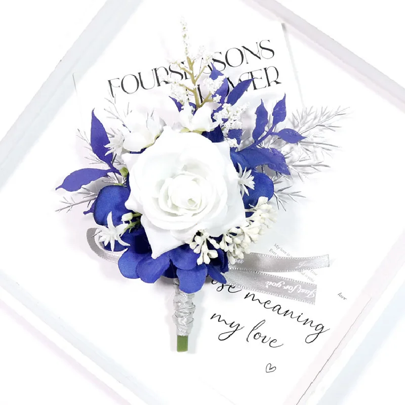 Boutonniere And Wrist Corsag Wedding Supplies Floral Simulation Flower Business Celebration Guests White and Blue 477