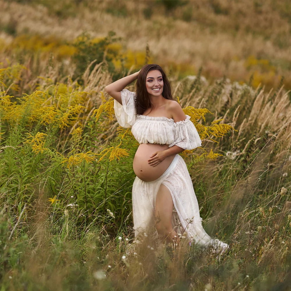 Maternity Gown For Photo Shoot elegant Two Piece White Lace Bohemian Maternity Dresses Pregnancy Sessions Baby Showers Dress