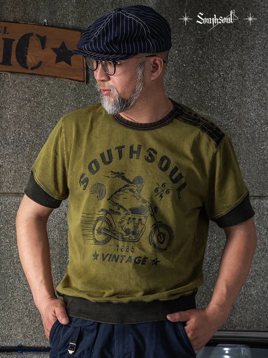 

Футболка для мотоциклистов в американском ретро-стиле, 300 г, из чистого хлопка, с принтом, повседневная, дышащая, с коротким рукавом, круглый вырез горловины