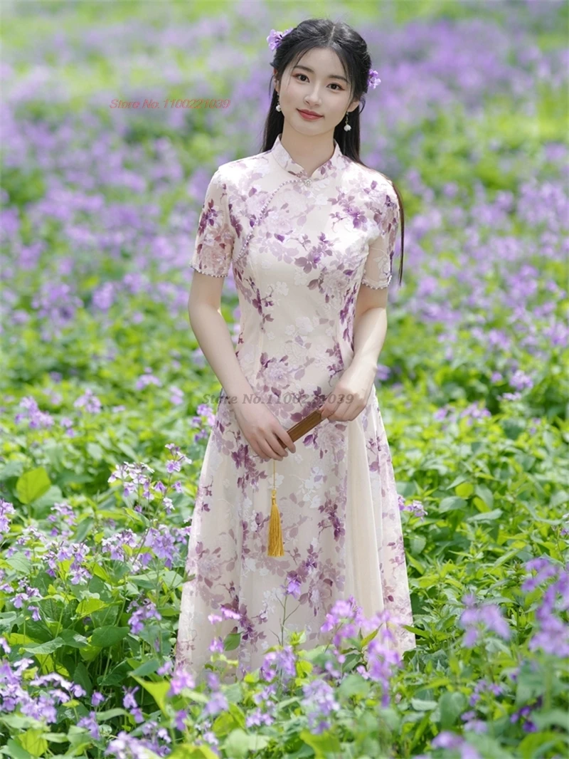 2025 vietnamese aodai improved cheongsam dress qipao national flower print fairy dress oriental banquet evening dress vestido