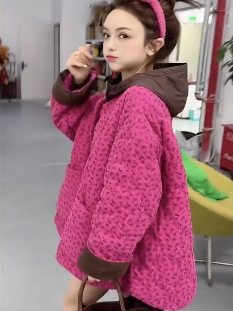 

Corduroy Thiened Loose Fit round Ne Cotton Jaet Women's Korean Sle Floral Print Casual Chic Autumn Winter Coat