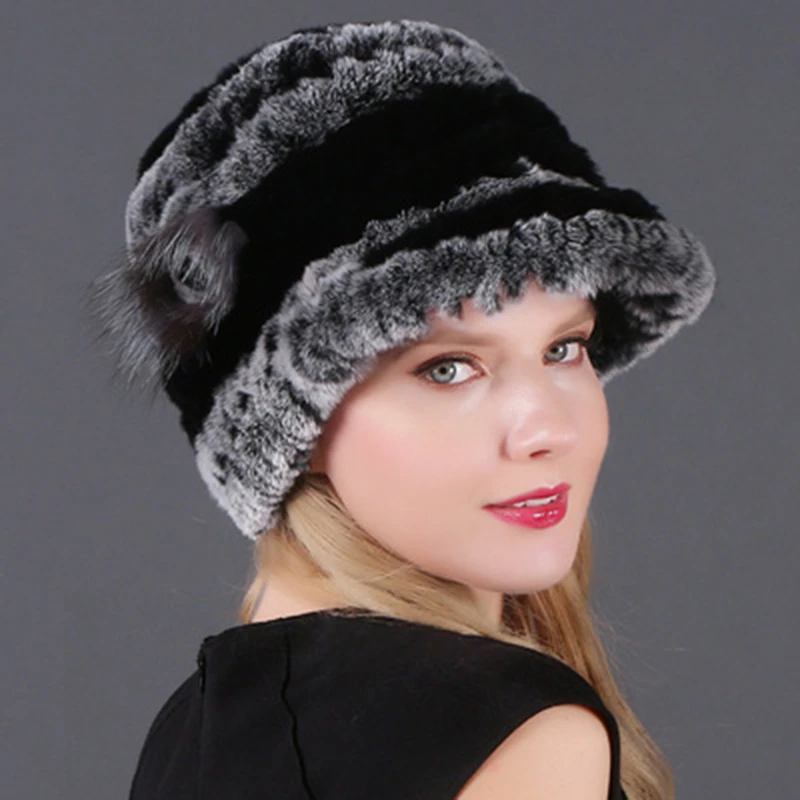 Women Winter Warm Rex Fur Hat Snow Cap Winter Hats for Women Girls Real Fur Knit Beanies Natural Fluffy Hat