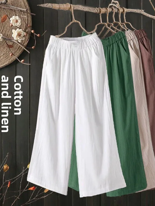Summer 2024 Thin Wide Leg Cotton Linen Casual High Waist Slim Straight Tube Pants for Women Mom's Clothing Casual Pants
