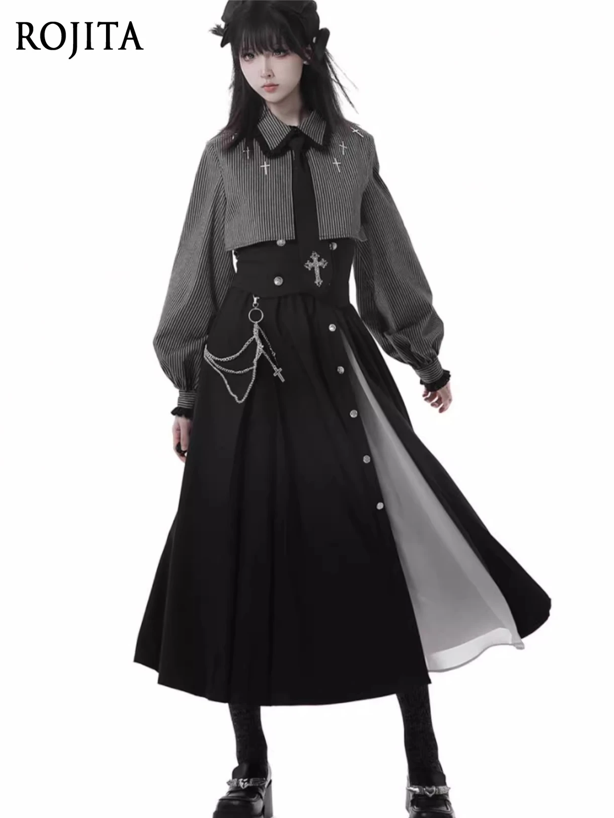 

Striped Gothic Shirt and Tie Japanese Polo Collar Lantern Long Sleeve Single-Breasted Top Asymmetric Long Skirt Pants Women
