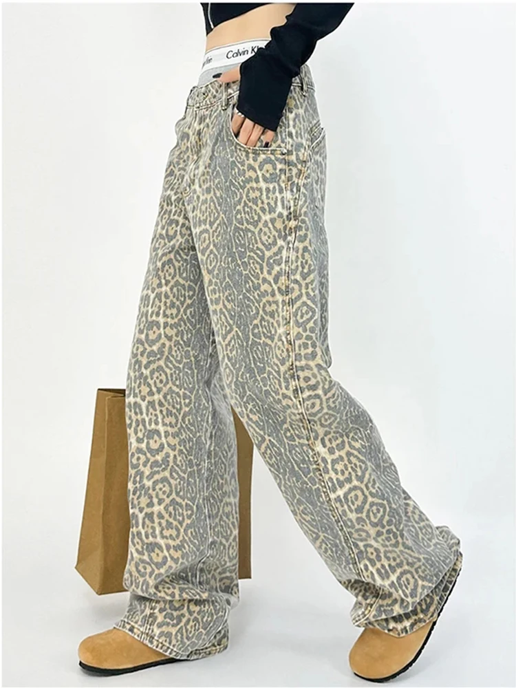 Y2k Hip-hop Cargo Trousers New American Retro High Street Casual Jeans Overalls Leopard Print Loose Wide Leg Pants for Women