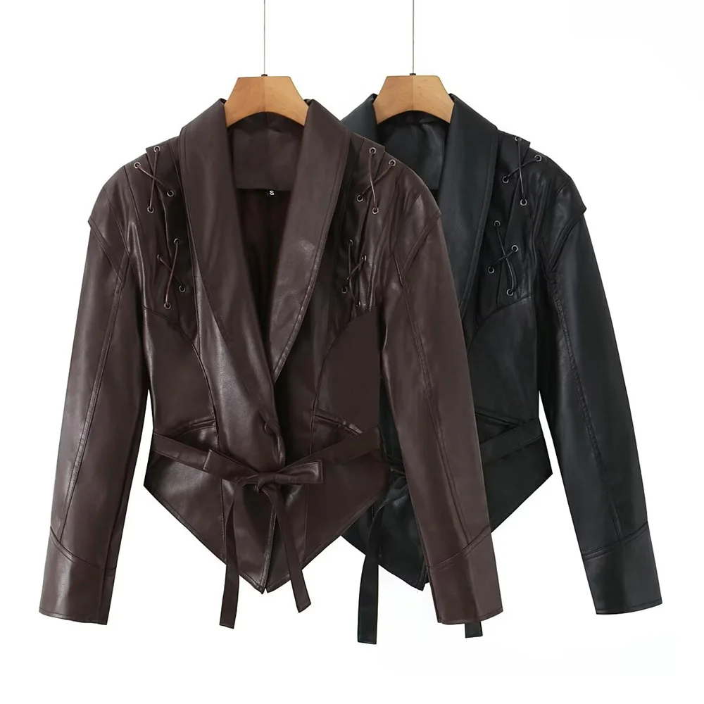 

Осенне-зимняя новая дизайнерская женская одежда, украшение на ремне, облегающая и универсальная кожаная куртка с поясом для похудения.