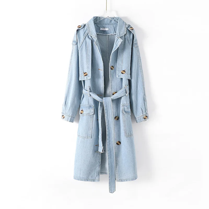 

Синий длинный джинсовый плащ с поясом, женская однобортная джинсовая куртка с отложным воротником, весна-осень-зима, новинка