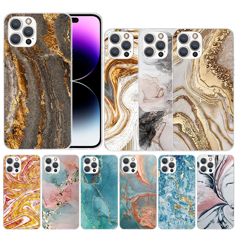 Fashion Gold Pink Geometric Marble Soft Cover for iPhone 15 14 13 12 Mini 11 Pro Max Print Phone Case X XS XR 7 Plus 8 + SE Patt