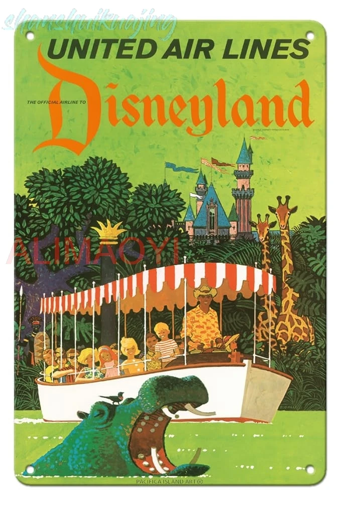 Pacifica Island Art California - Jungle Cruise Hippo - United Air Lines - Vintage Airline Travel Poster by Stan Galli c.196 sign