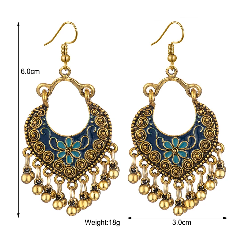 Boho anting-anting Juntai menjuntai rumbai antik etnik untuk wanita ukiran bunga Enamel geometris warna emas antik hadiah perhiasan wanita