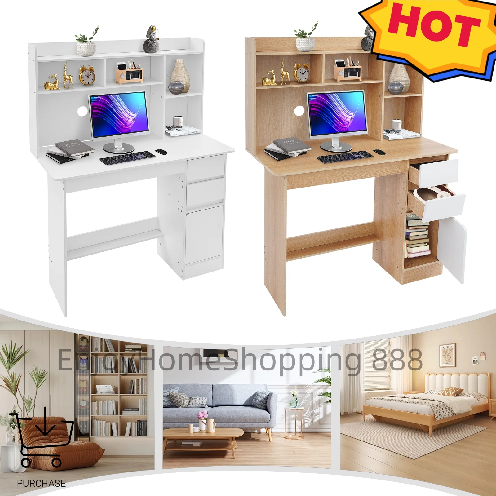 100cm Warm White/Oak Study Desk with Bookshelf & Storage Modern Design, Drawers & Cabinet, Easy Assembly for Home Office