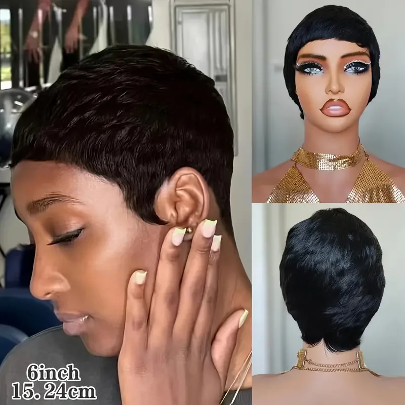 Short Pixie Cut Straight Human Hair Wig with Bangs