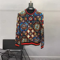 European and American men's wear summer 2024 new  Long sleeves vintage court print  Fashionable round neck hoodies