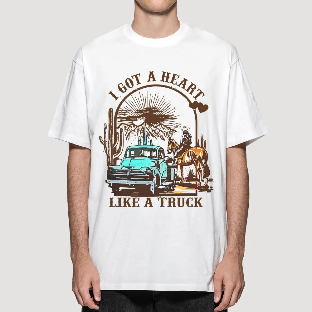 I Got A Heart Like A Truck Cool Cowboy Graphic Tee Country-Music Concert Outfit Western Sunset  Summer short sleeve men clothing