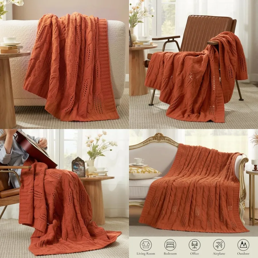 

Chunky Knit Throw Blanket, Dual-Sided Soft Chenille Breathable Cable Knitted Blanket for Couch, Farmhouse Decorative Throw for