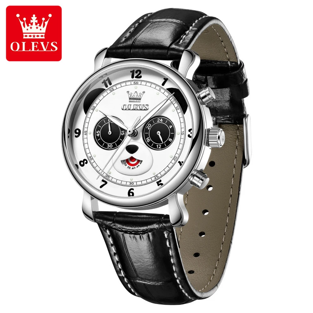 OLEVS Men's Quartz Watch New Fashion Panda Eye Dial Design Original Leather Strap Chronograph Waterproof Luminous Watch for Man