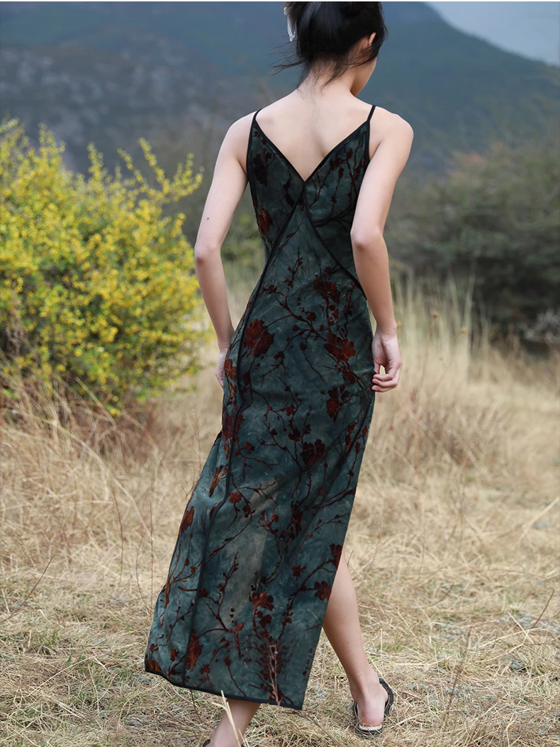 CHEERART flocage Floral vert Vintage longues robes femme Cheongsam été dos nu une ligne côté fendu Midi robe de créateur
