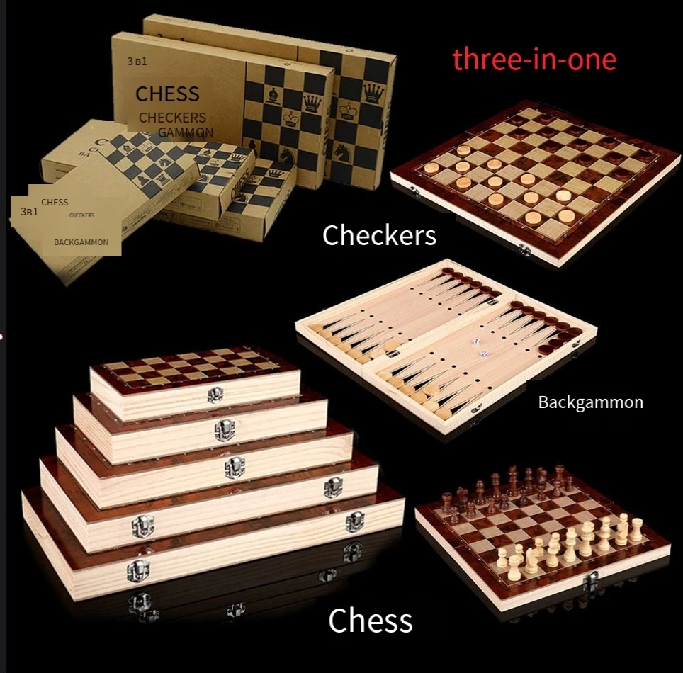 3-in-1 Wooden Chess Set with Checkers & Backgammon, Folding Portable  Board Educational Strategy Game Toys Factory Direct