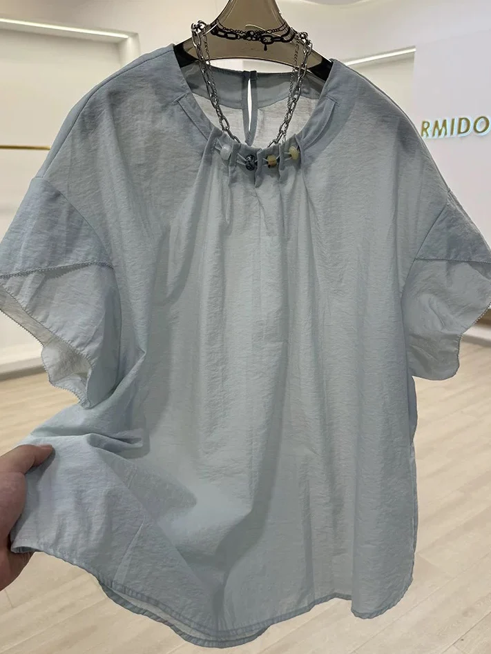 

plus Size Women's Short Sleeve Beaded Shirt Summer Style Sweet Youthful Trendy Top for plus Size Fashion Polyester Fabric