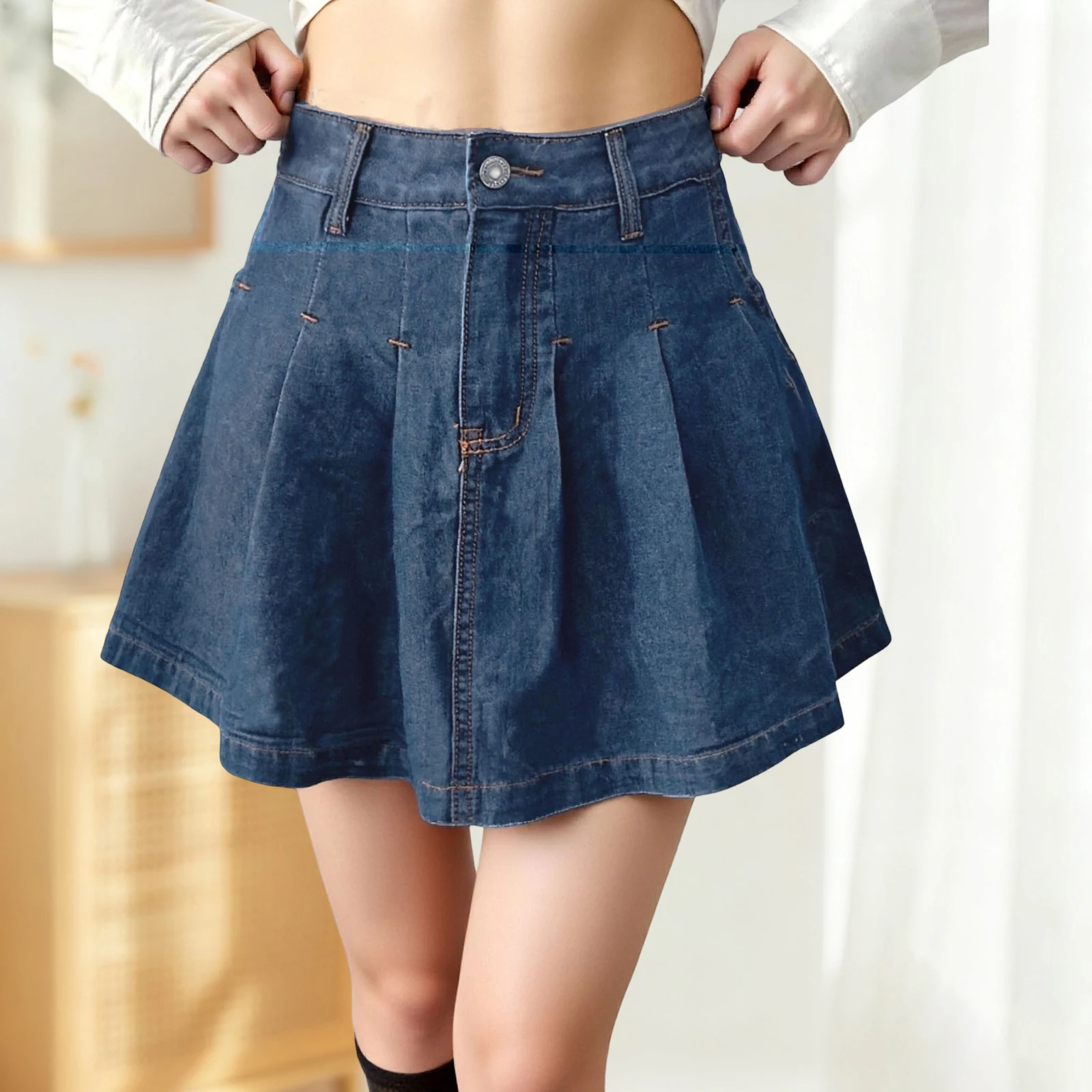 Spring Summer Women's Denim Pleated Skirts Fashionable Casual Solid Color High Waist Mini Skirt with Pockets