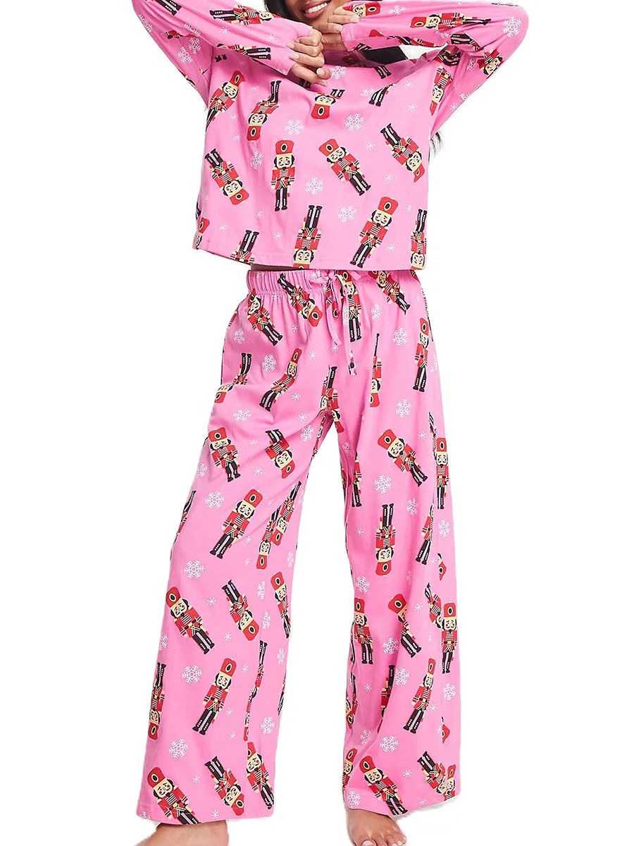 Women 2 Piece Pink Pajamas Set Nutcracker Print Long Sleeve Crewneck Shirt Tops Lounge Pajamas Pants Pj Sleepwear Nightwear