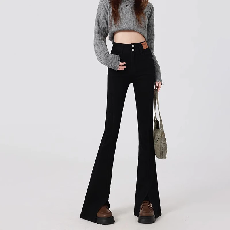 Retro open micro-ram jeans female spring and fall new elastic Slim high-waisted thin versatile flare horseshoe pants